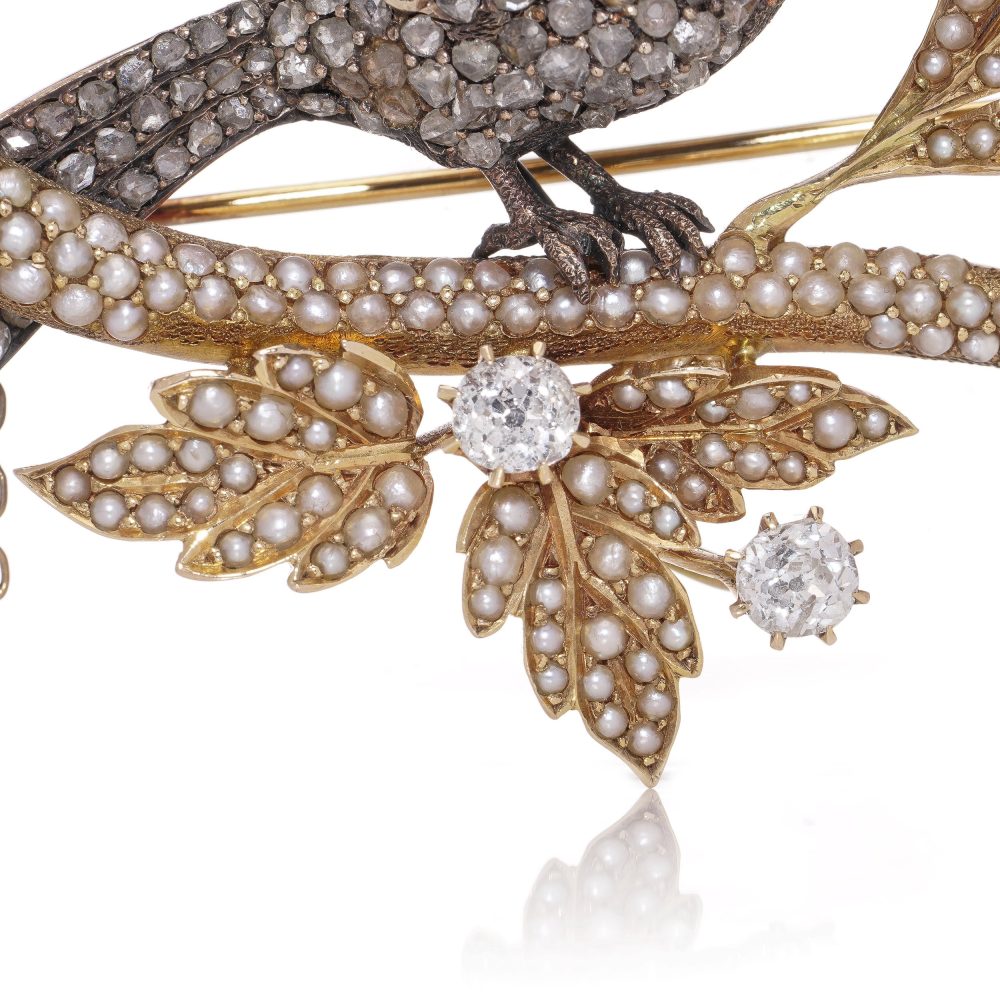 Victorian Antique 4.14ct Old Cut and Rose Cut Diamond and Seed Pearl Bird Brooch