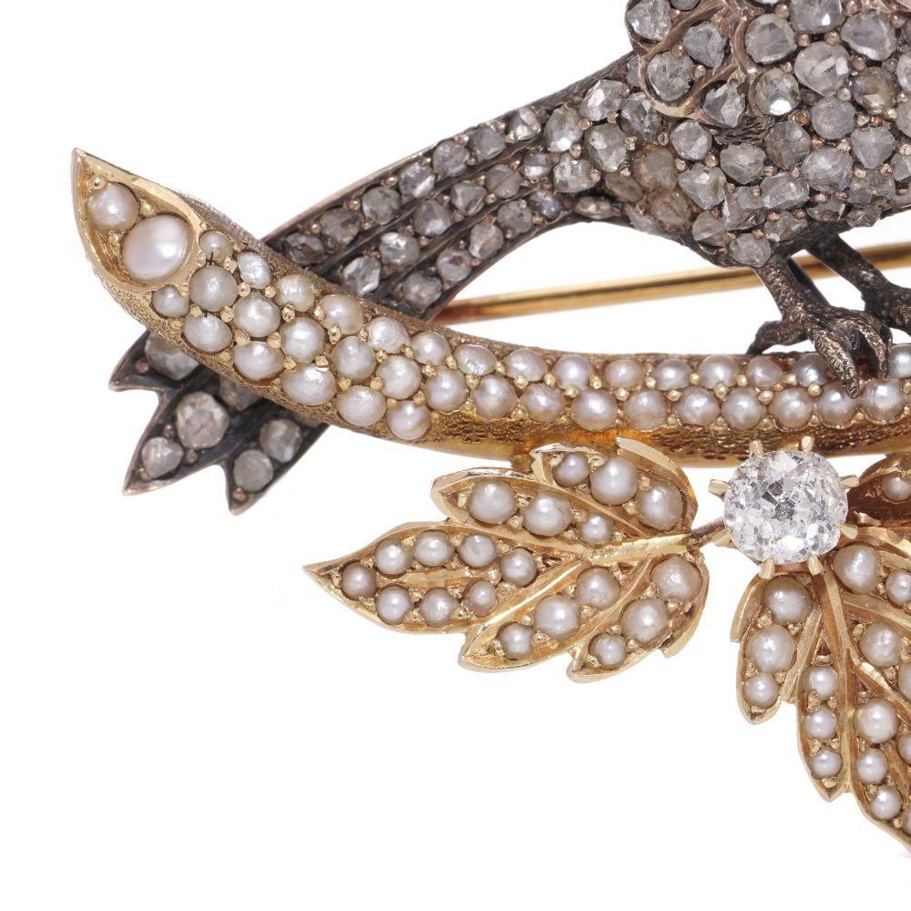 Victorian Antique 4.14ct Old Cut and Rose Cut Diamond and Seed Pearl Bird Brooch
