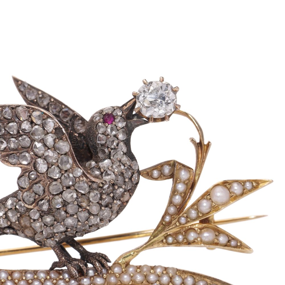 Victorian Antique 4.14ct Old Cut and Rose Cut Diamond and Seed Pearl Bird Brooch