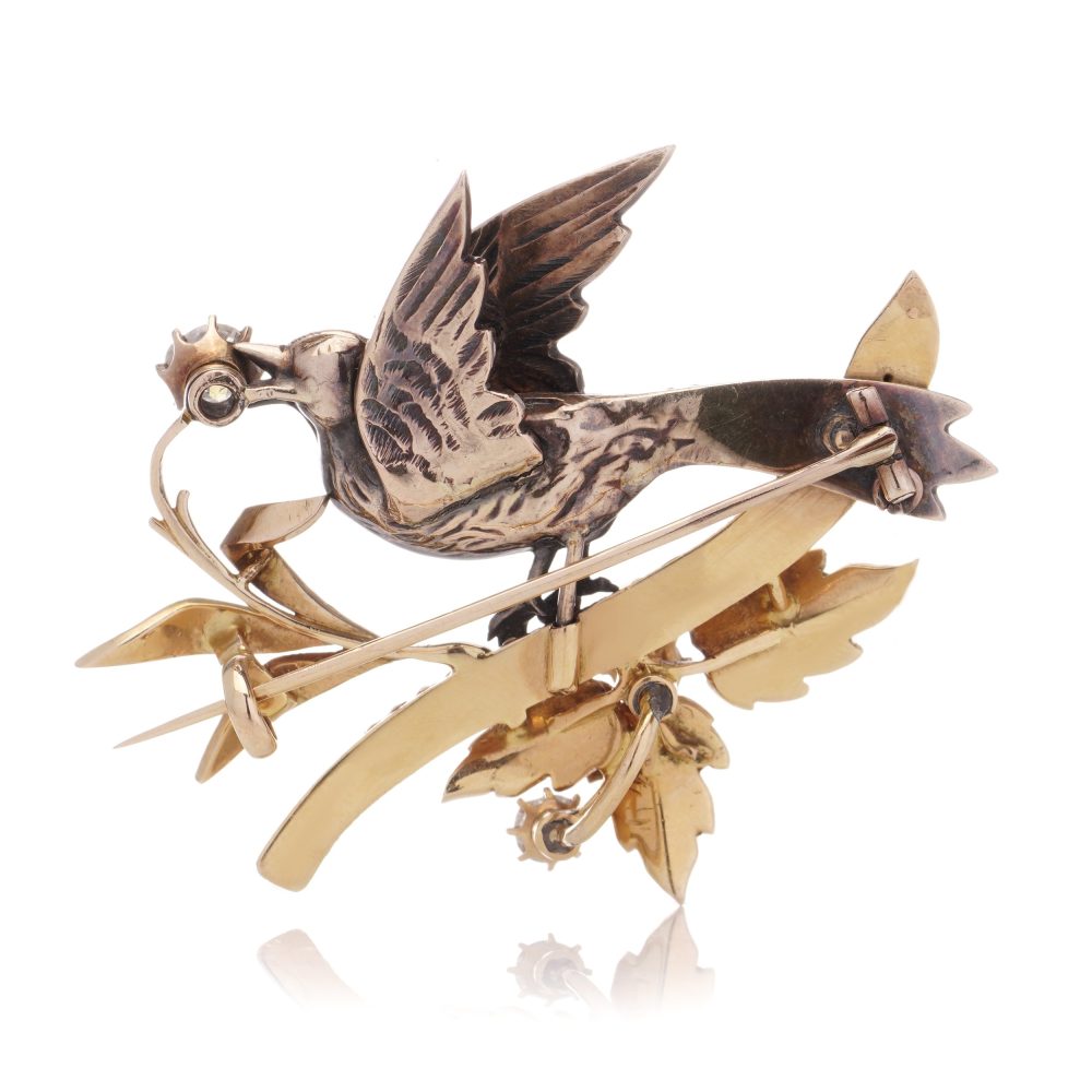 Victorian Antique 4.14ct Old Cut and Rose Cut Diamond and Seed Pearl Bird Brooch
