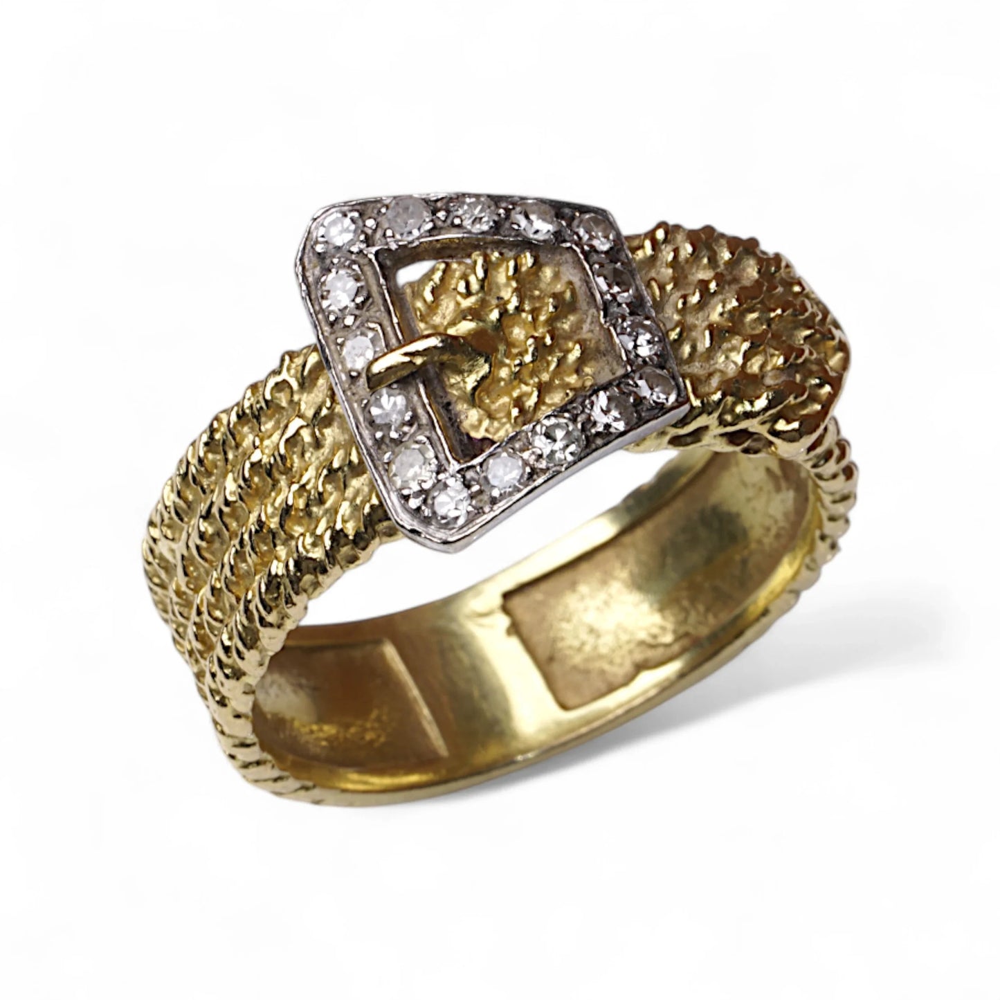 Vintage 18ct Gold Textured Buckle Ring with Diamonds