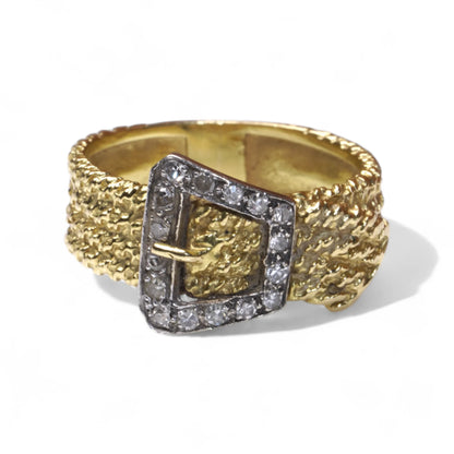 Vintage 18ct Gold Textured Buckle Ring with Diamonds
