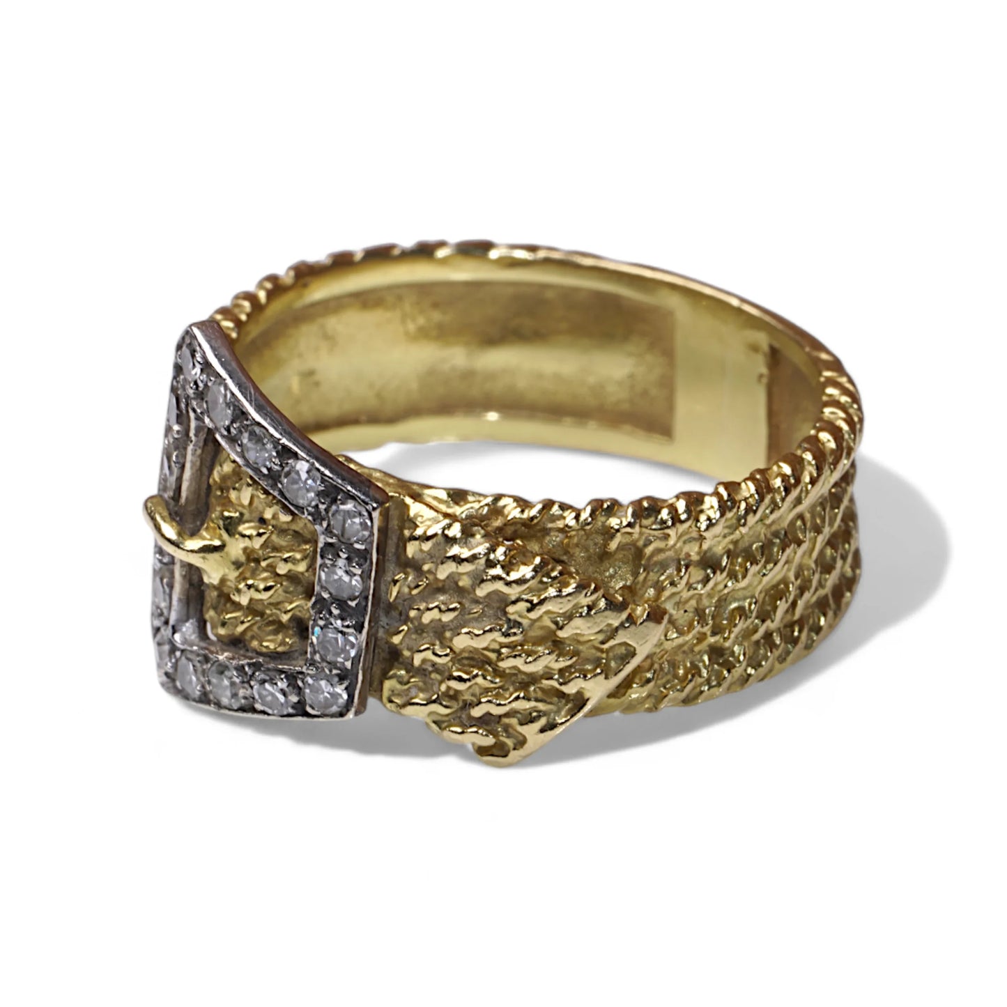 Vintage 18ct Gold Textured Buckle Ring with Diamonds