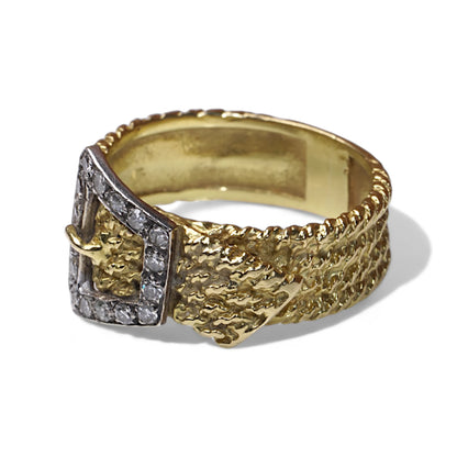 Vintage 18ct Gold Textured Buckle Ring with Diamonds