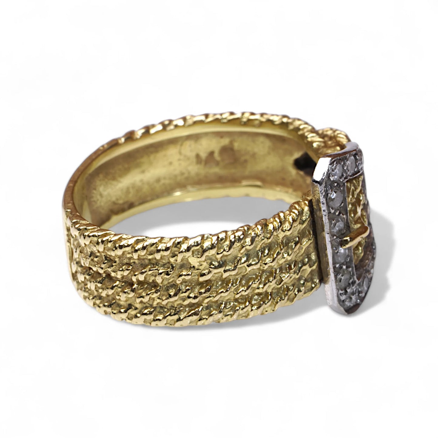 Vintage 18ct Gold Textured Buckle Ring with Diamonds