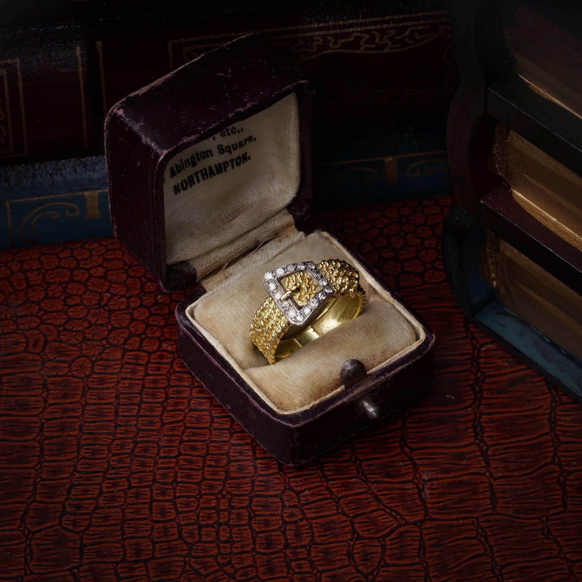 Vintage 18ct Gold Textured Buckle Ring with Diamonds