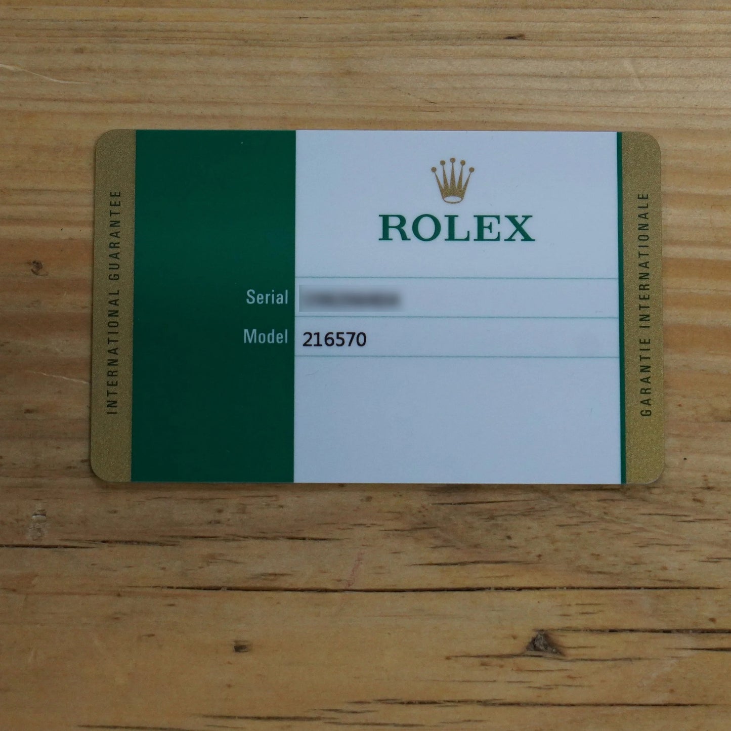 A Rolex guarantee card for model 216570