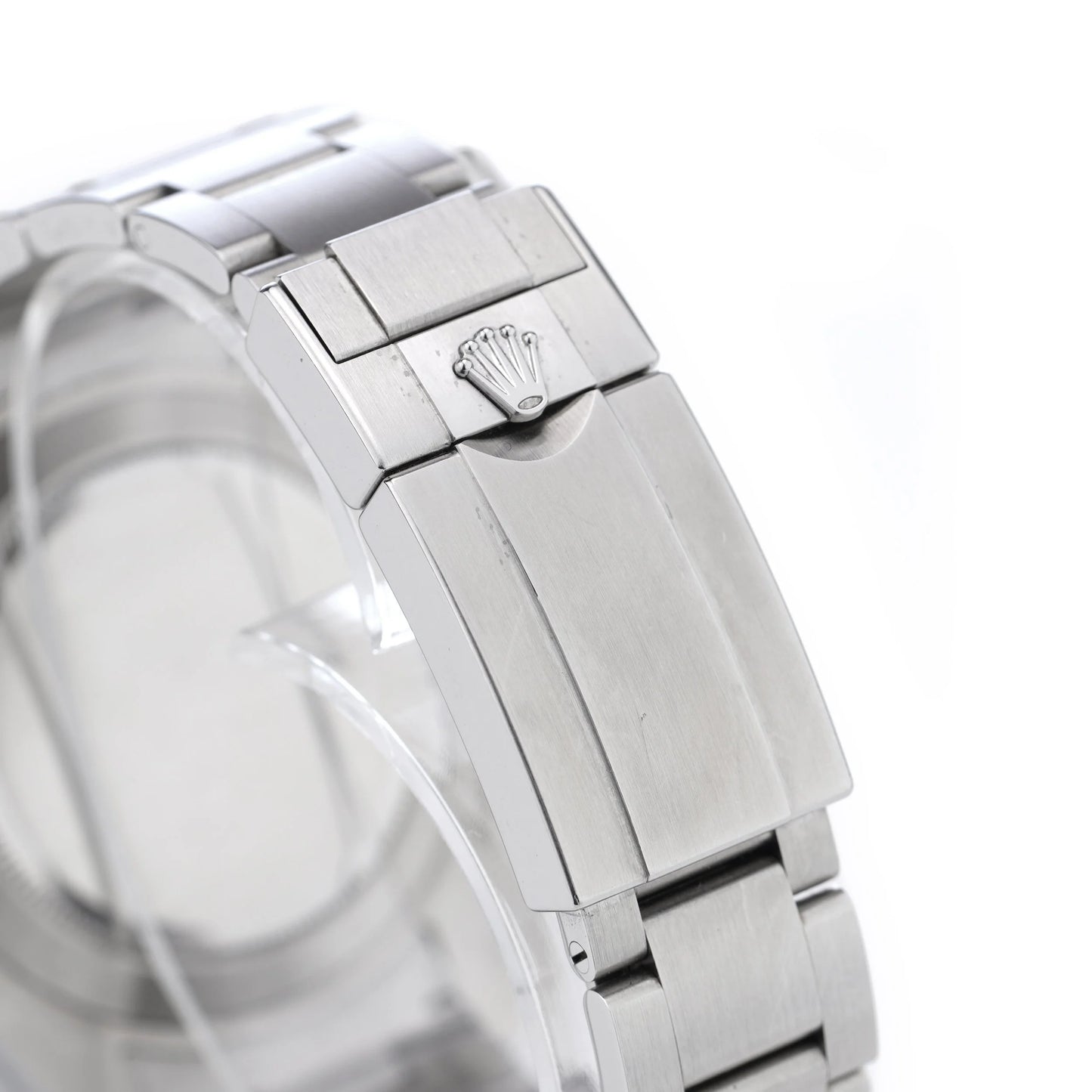 A Rolex steel clasp, on a white background