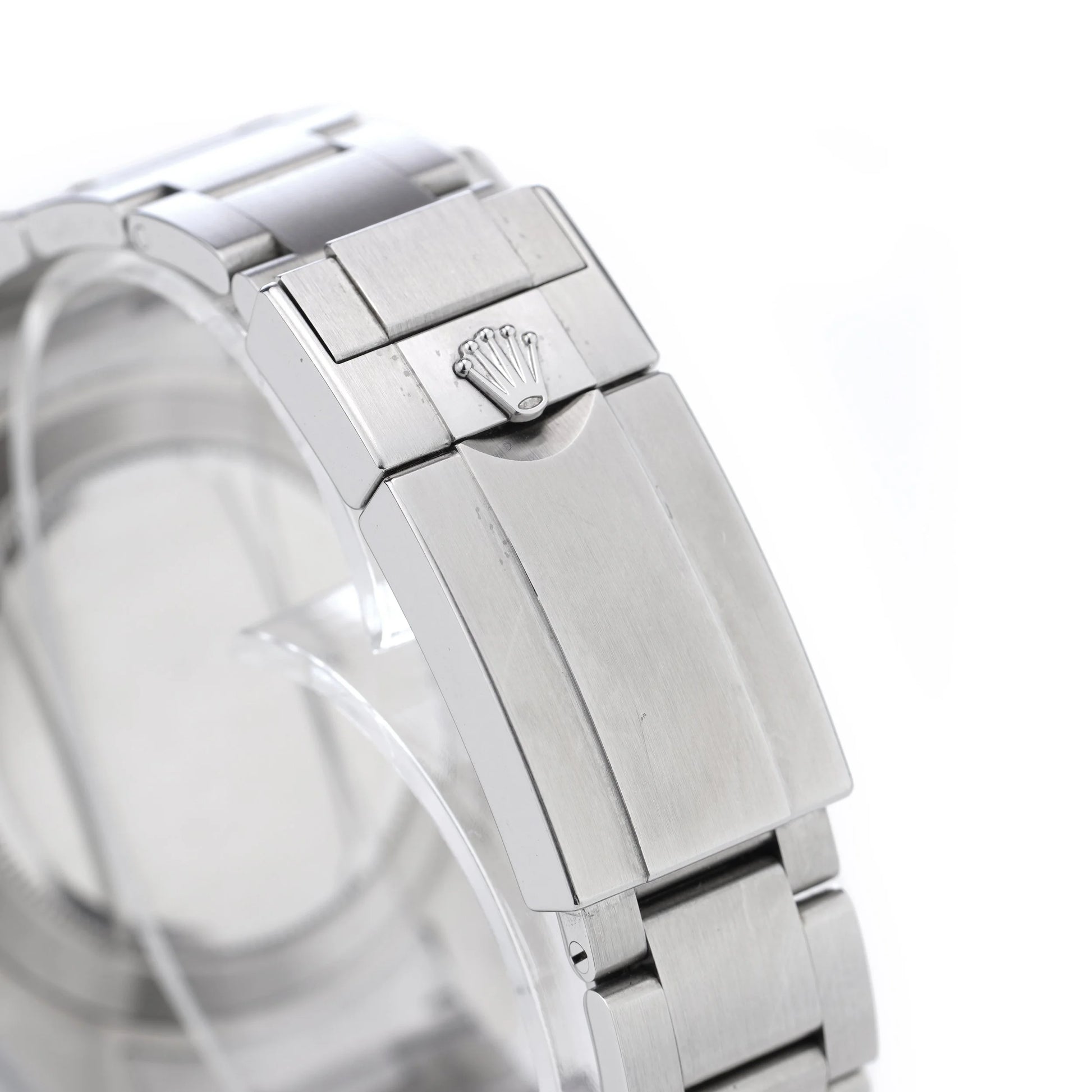 A Rolex steel clasp, on a white background