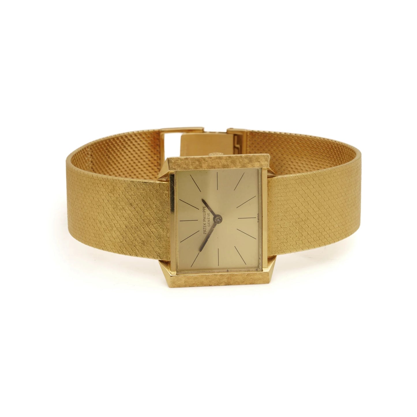 A yellow gold Patek Phillipe wristwatch with integrated bracelet, on a white background