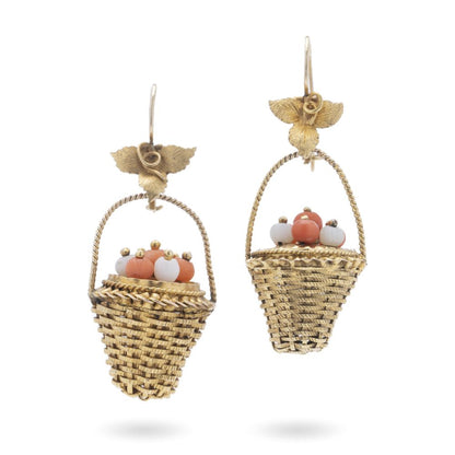 Antique Victorian 18 carat yellow wired gold pair of earrings, in a shape of a basket, decorated with corals circa 1890's. 