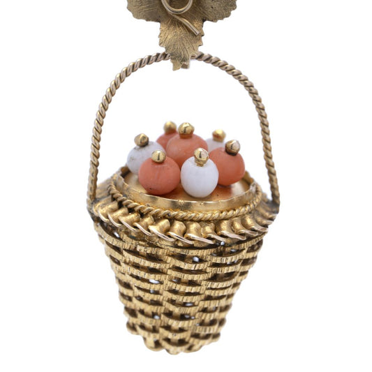 Antique Victorian 18 carat yellow wired gold pair of earrings, in a shape of a basket, decorated with corals circa 1890's. 