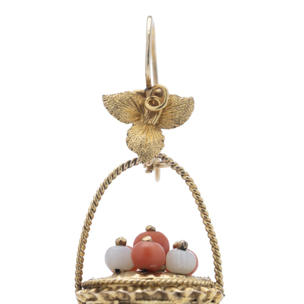 Antique Victorian 18 carat yellow wired gold pair of earrings, in a shape of a basket, decorated with corals circa 1890's. 
