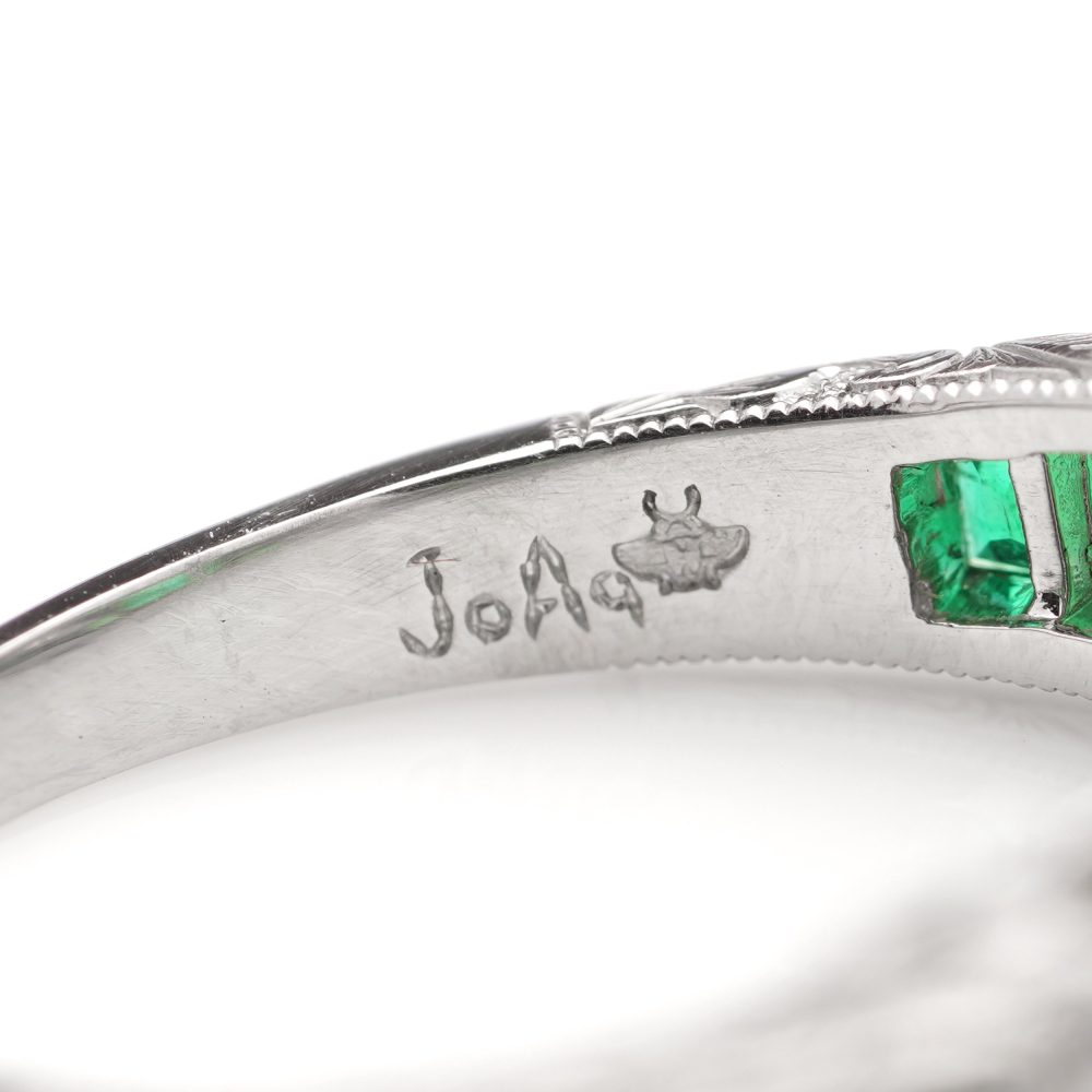 Emerald and Diamond Set Platinum Band Ring