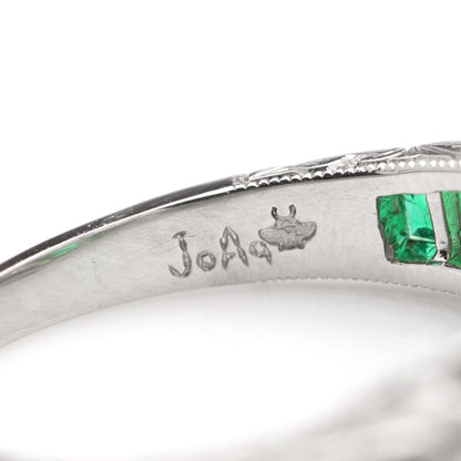 Emerald and Diamond Set Platinum Band Ring