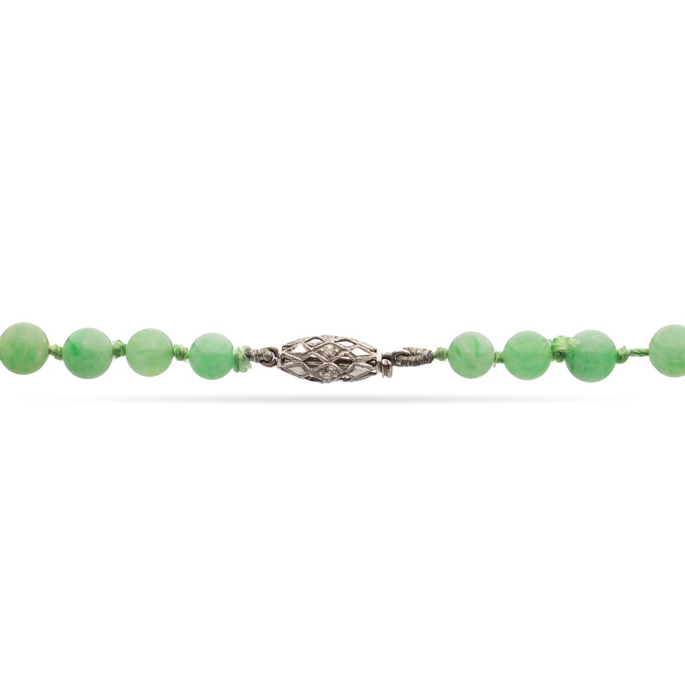 Antique Natural Jadeite Jade Graduated Bead Necklace with Platinum Clasp, Circa 1920s