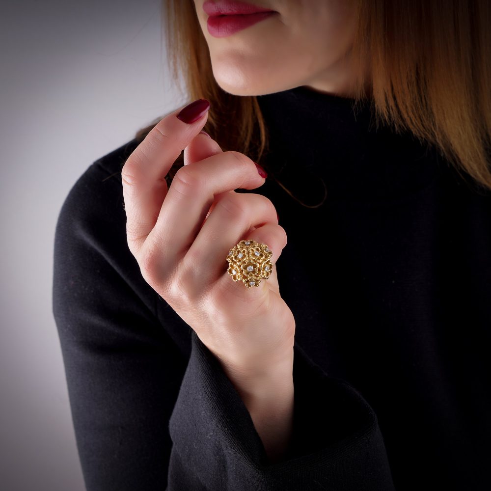 Vintage Kutchinsky Diamond Set 18ct Gold Flower Bombe Cocktail Ring, 18ct yellow gold floral cluster pattern with gold textured petals around diamond centres. Fully hallmarked, London 1977