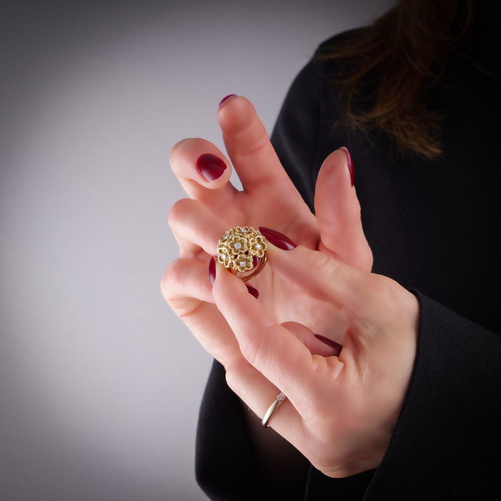Vintage Kutchinsky Diamond Set 18ct Gold Flower Bombe Cocktail Ring, 18ct yellow gold floral cluster pattern with gold textured petals around diamond centres. Fully hallmarked, London 1977