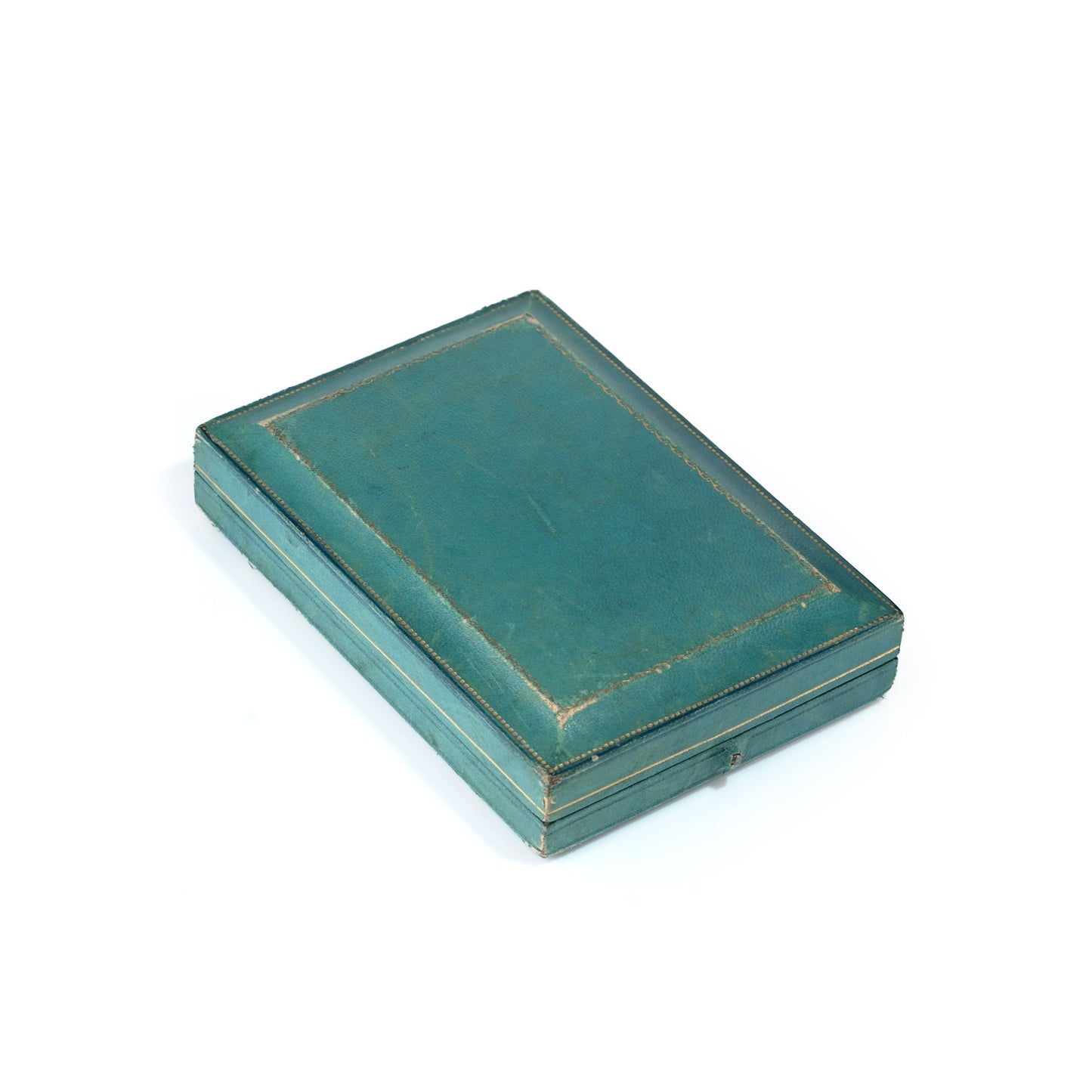 A blue/green antique jewellery box, closed