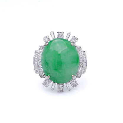 Vintage 23ct Natural Jadeite Jade and Diamond Cluster Ring, cabochon certified natural jade surrounded brilliant and baguette-cut diamonds in 14ct white gold. Circa 1970s