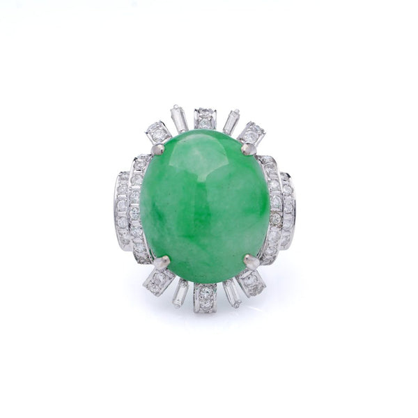 Vintage 23ct Natural Jadeite Jade and Diamond Cluster Ring, cabochon certified natural jade surrounded brilliant and baguette-cut diamonds in 14ct white gold. Circa 1970s