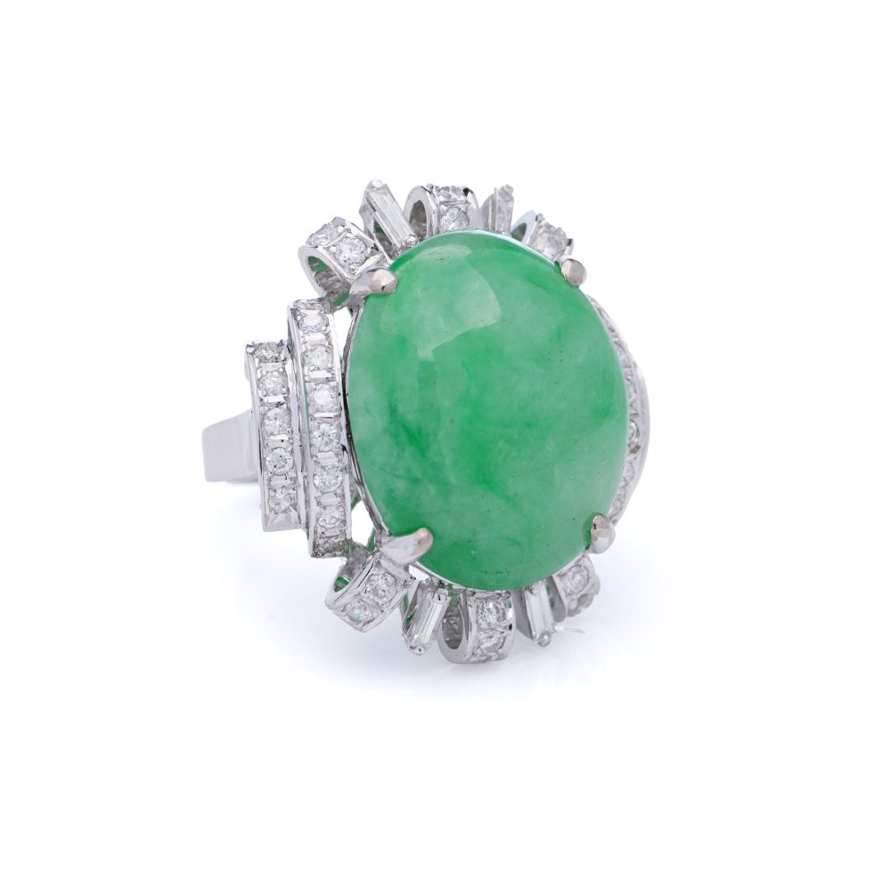 Vintage 23ct Natural Jadeite Jade and Diamond Cluster Ring, cabochon certified natural jade surrounded brilliant and baguette-cut diamonds in 14ct white gold. Circa 1970s