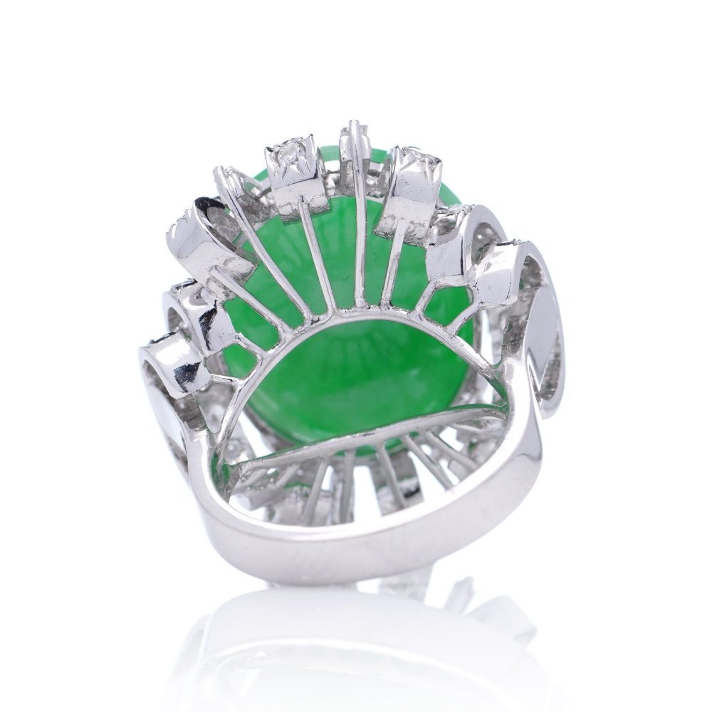 Vintage 23ct Natural Jadeite Jade and Diamond Cluster Ring, cabochon certified natural jade surrounded brilliant and baguette-cut diamonds in 14ct white gold. Circa 1970s
