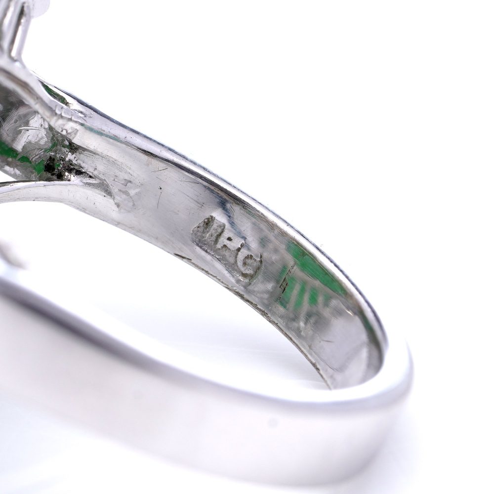 Vintage 23ct Natural Jadeite Jade and Diamond Cluster Ring, cabochon certified natural jade surrounded brilliant and baguette-cut diamonds in 14ct white gold. Circa 1970s