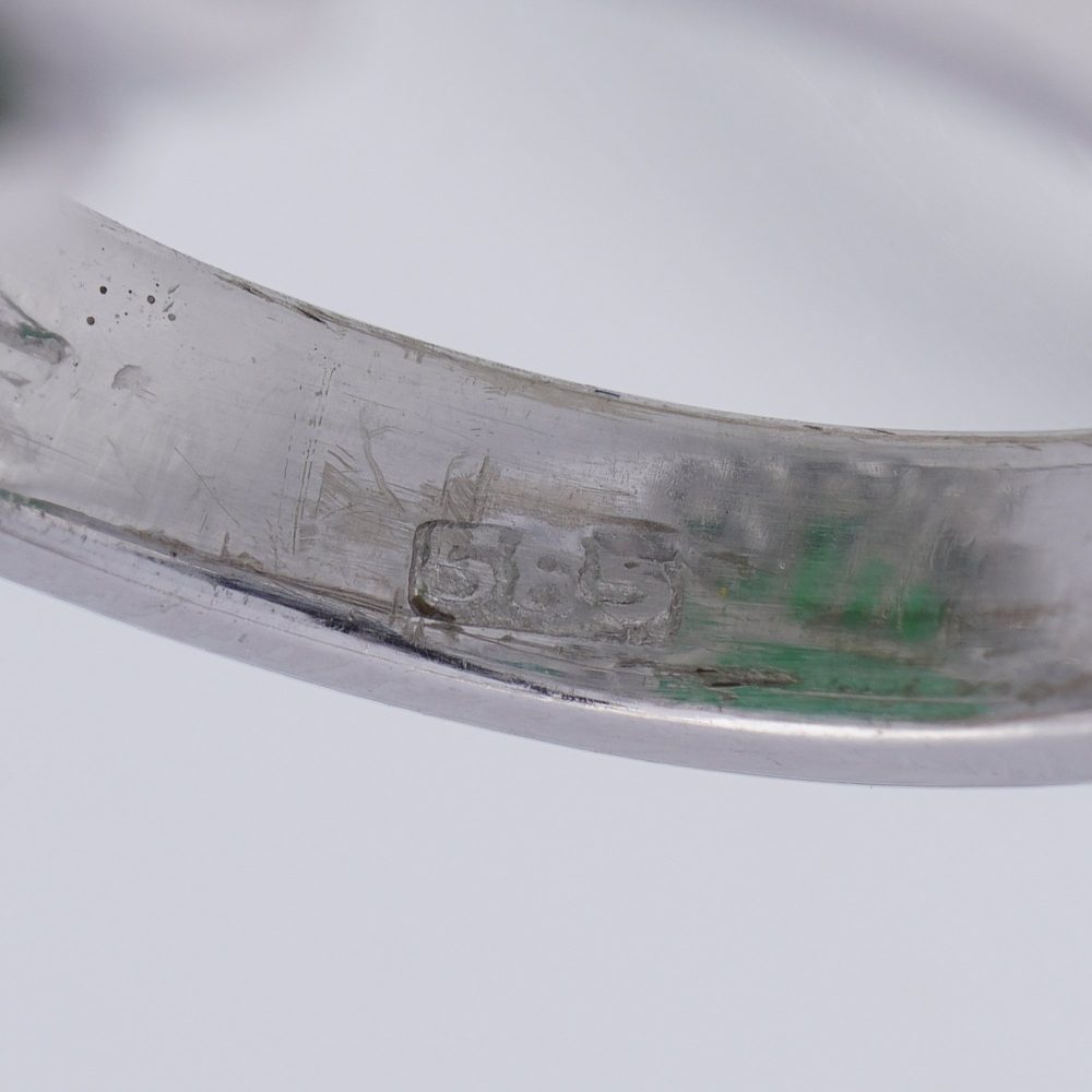 Vintage 23ct Natural Jadeite Jade and Diamond Cluster Ring, cabochon certified natural jade surrounded brilliant and baguette-cut diamonds in 14ct white gold. Circa 1970s