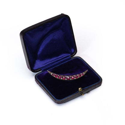 Victorian 9 Carat Gold Ruby And Old Cut Diamond Crescent Brooch