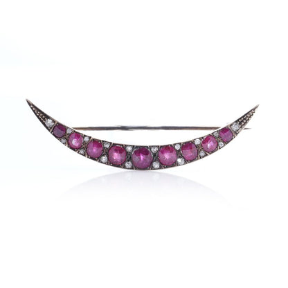Victorian 9 Carat Gold Ruby And Old Cut Diamond Crescent Brooch