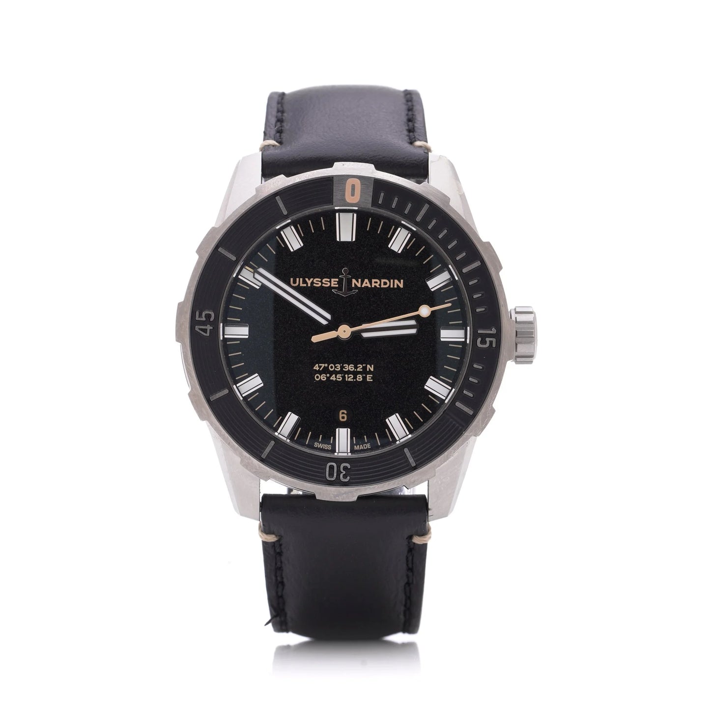 Ulysse Nardin stainless steel watch with black leather strap on a white background