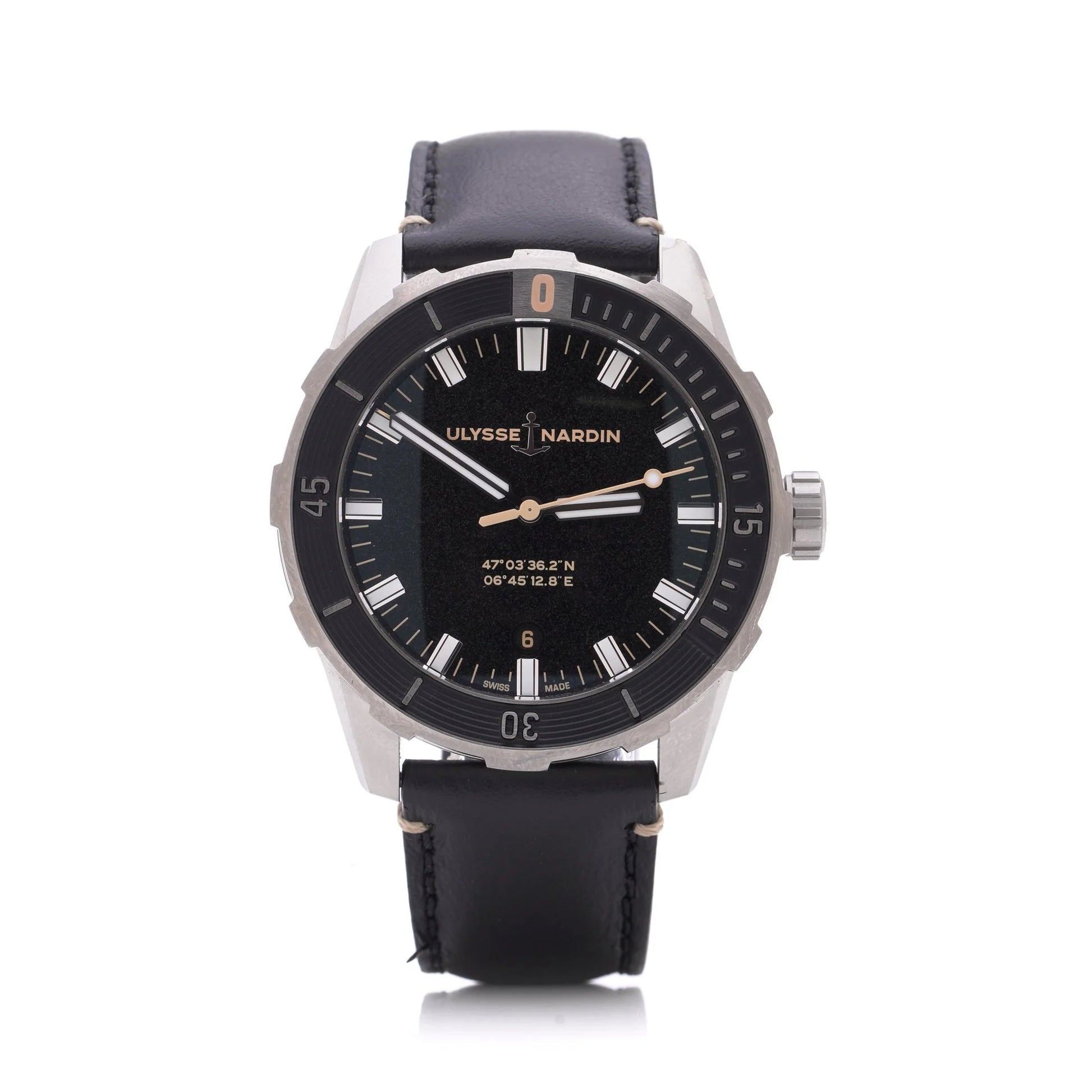 Ulysse Nardin stainless steel watch with black leather strap on a white background