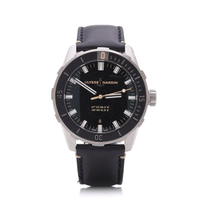 Ulysse Nardin stainless steel watch with black leather strap on a white background