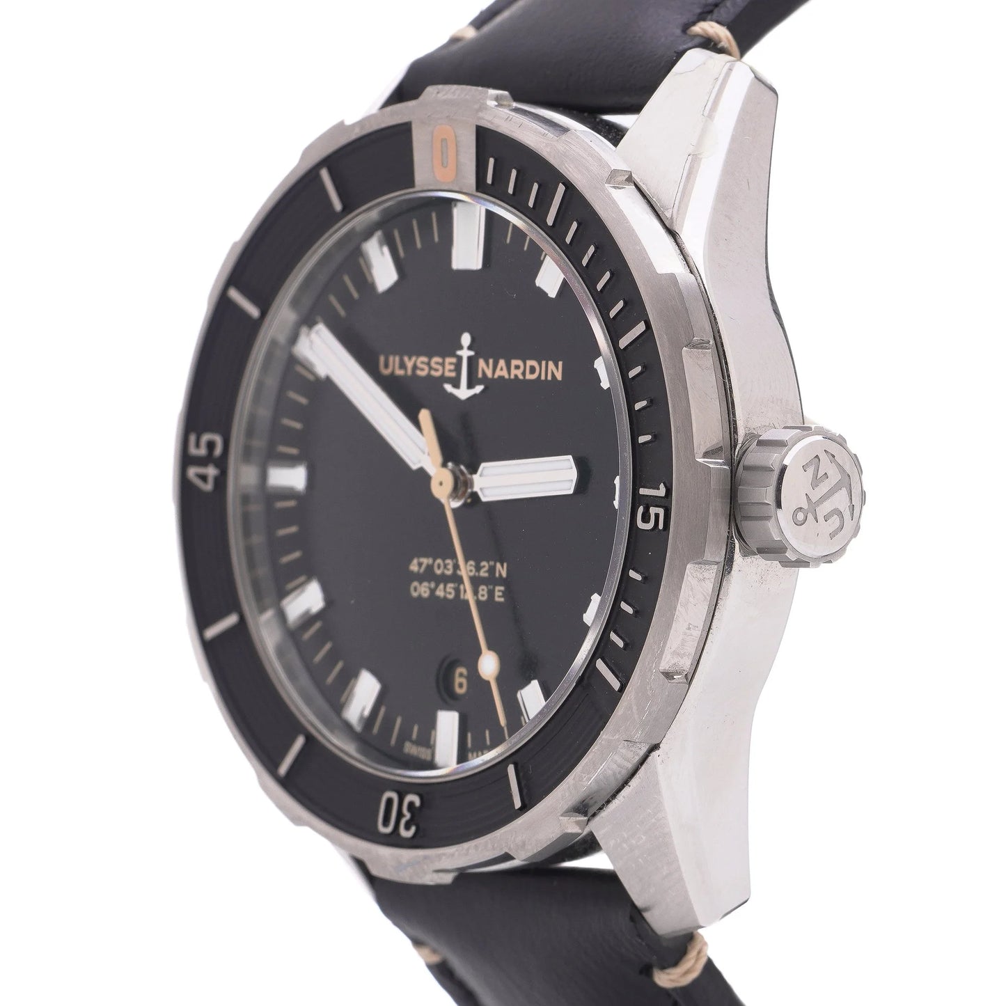 Ulysse Nardin stainless steel watch with black leather strap on a white background