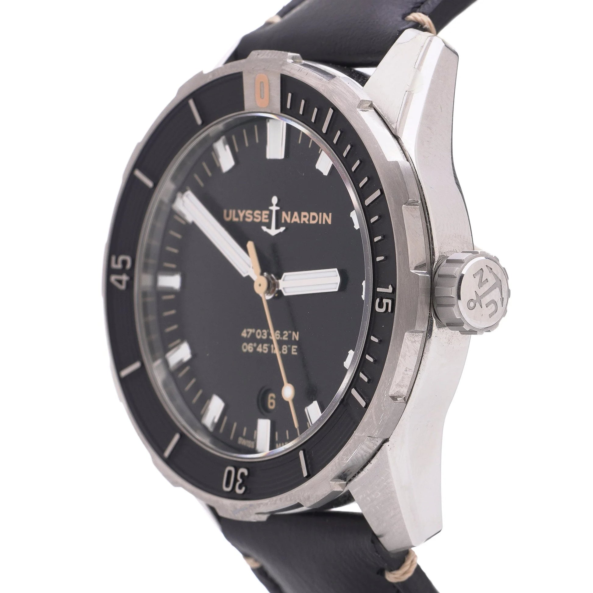 Ulysse Nardin stainless steel watch with black leather strap on a white background