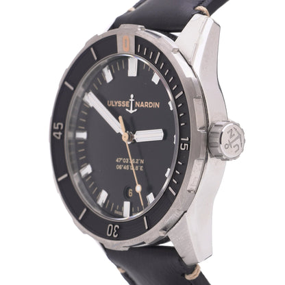 Ulysse Nardin stainless steel watch with black leather strap on a white background