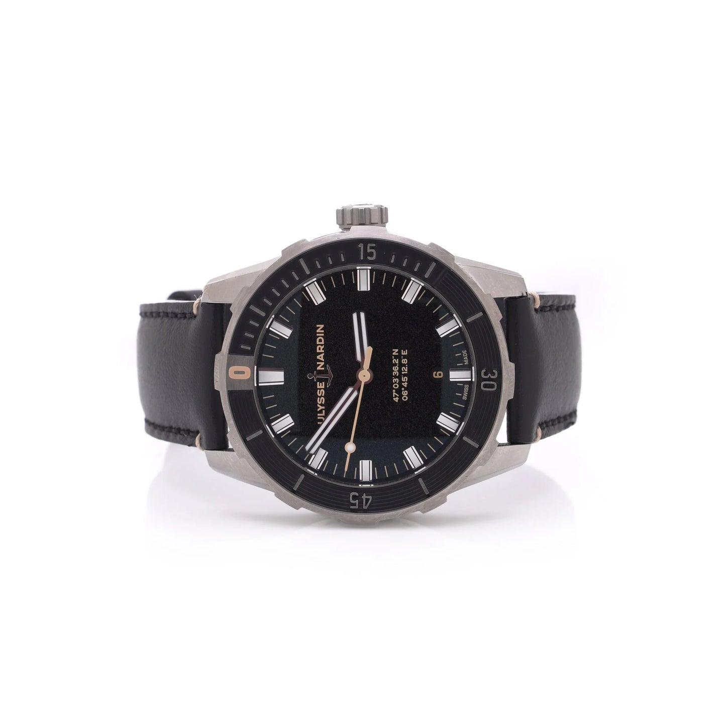 Ulysse Nardin stainless steel watch with black leather strap on a white background