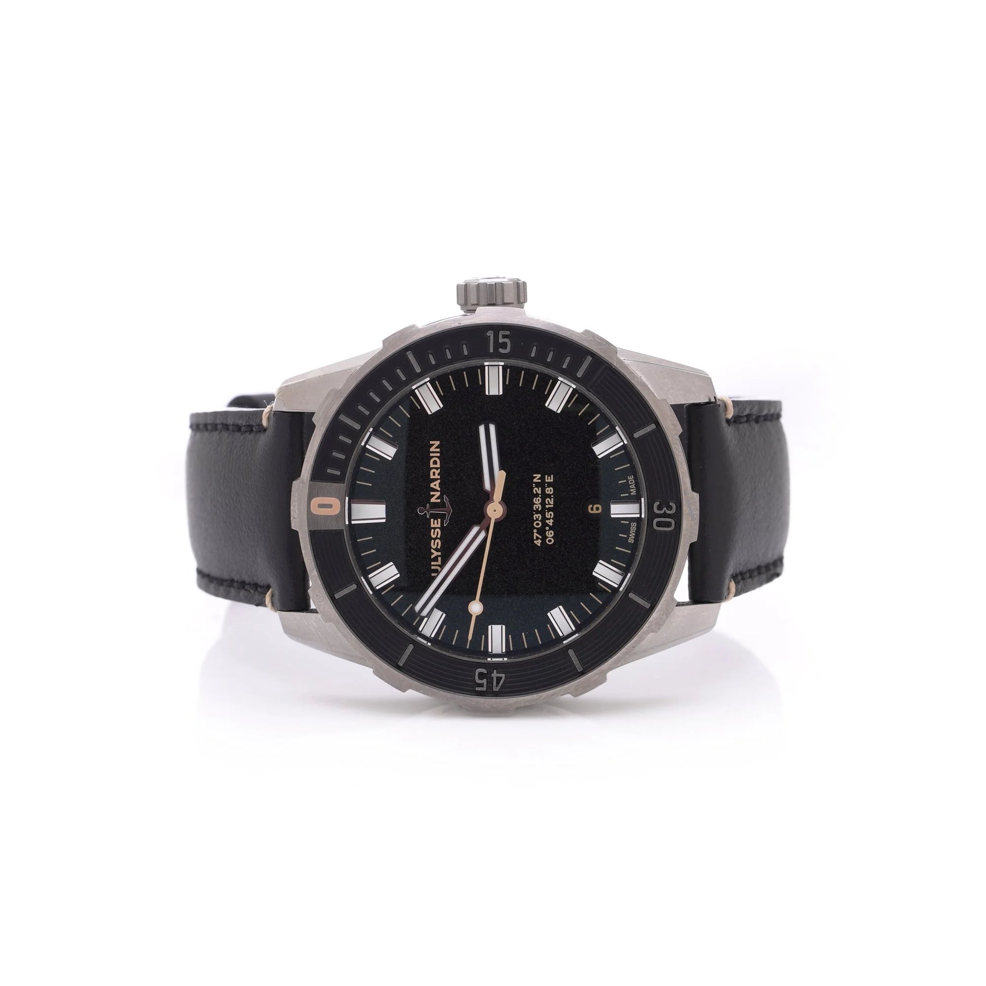 Ulysse Nardin stainless steel watch with black leather strap on a white background