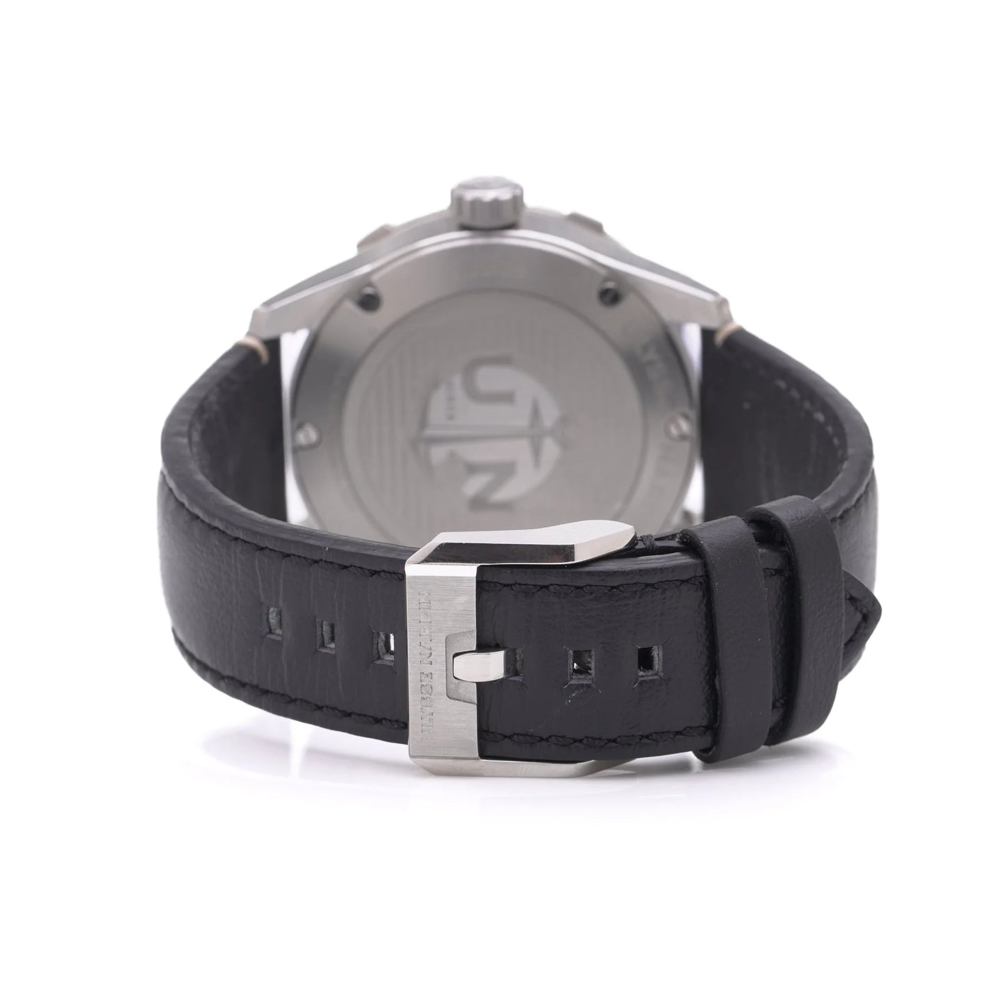 Ulysse Nardin stainless steel watch with black leather strap on a white background