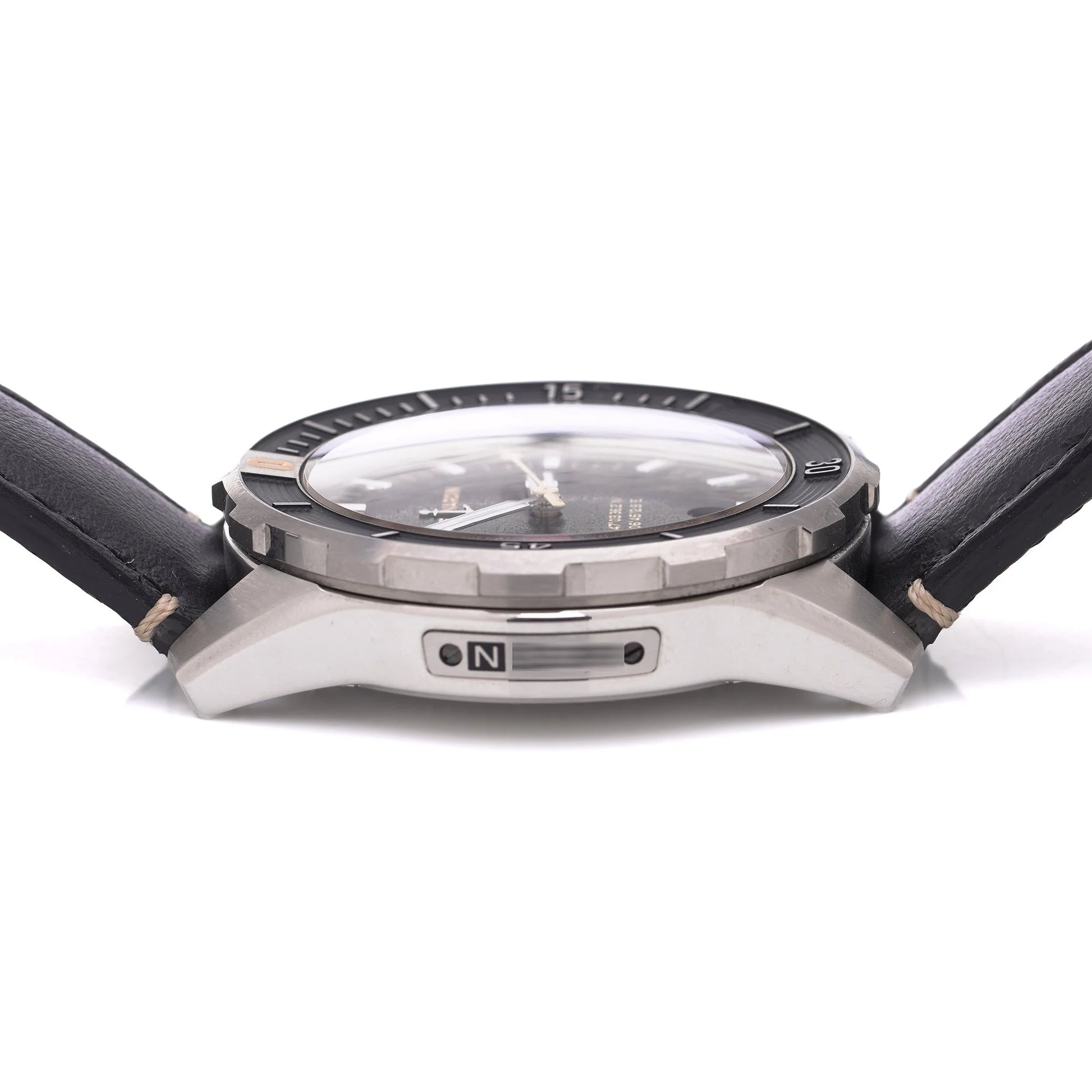 Ulysse Nardin stainless steel watch with black leather strap on a white background