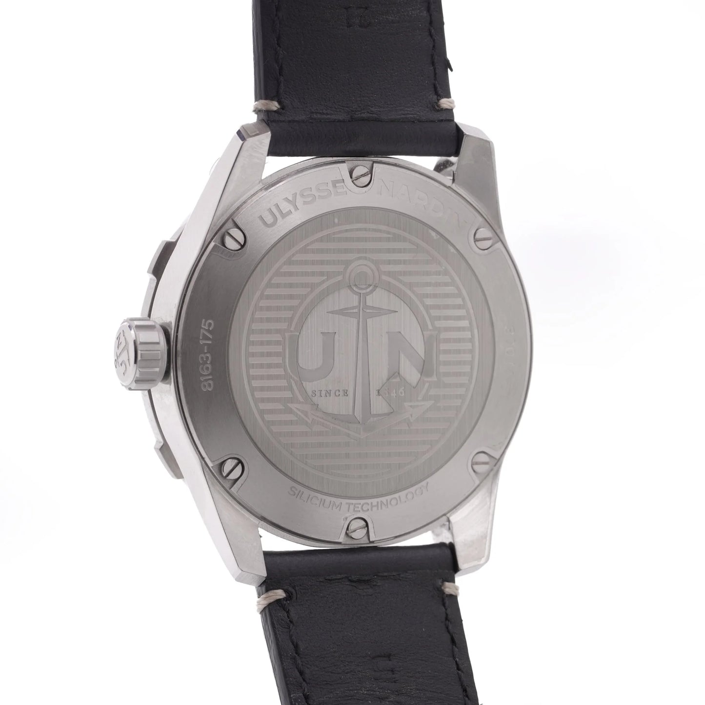 Ulysse Nardin stainless steel watch with black leather strap on a white background