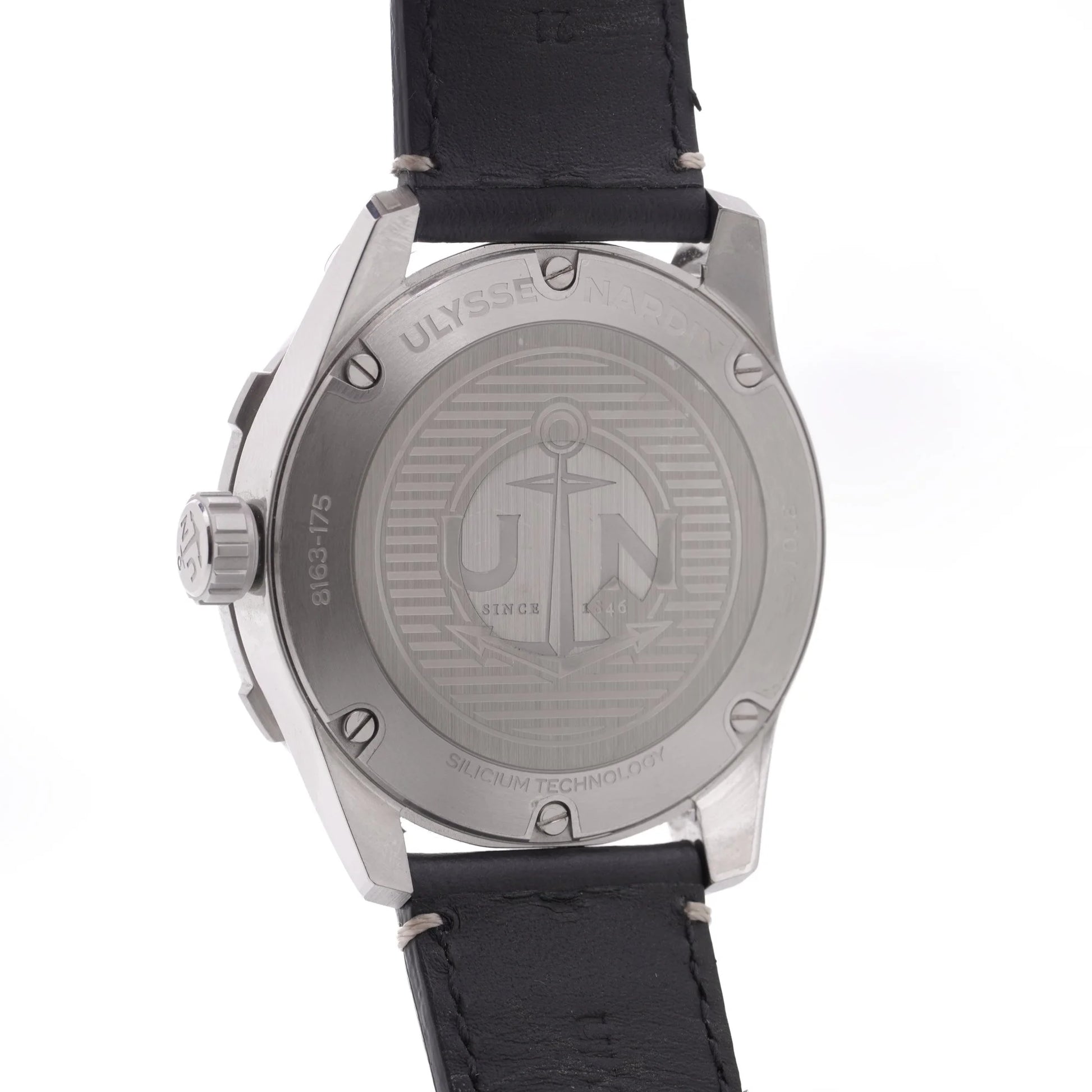 Ulysse Nardin stainless steel watch with black leather strap on a white background