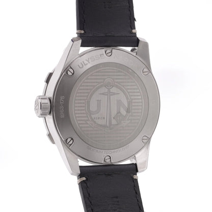 Ulysse Nardin stainless steel watch with black leather strap on a white background