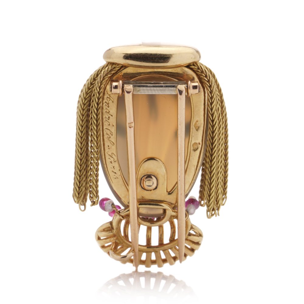 Gold brooch with chalcedony, turquoise, ruby and pearls.