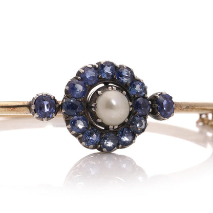 Victorian gold and silver sapphire cluster bangle with natural pearl.
