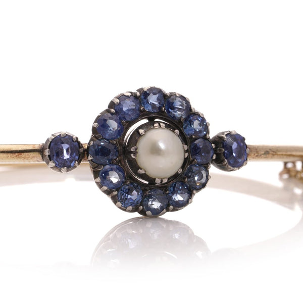 Victorian gold and silver sapphire cluster bangle with natural pearl.