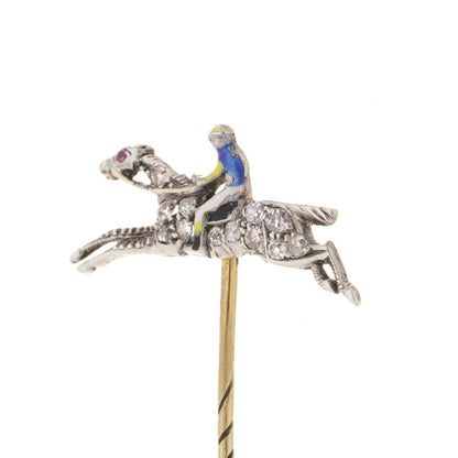 Antique gold silver horse racing jockey pin with enamel, diamonds and ruby. Circa 1890's