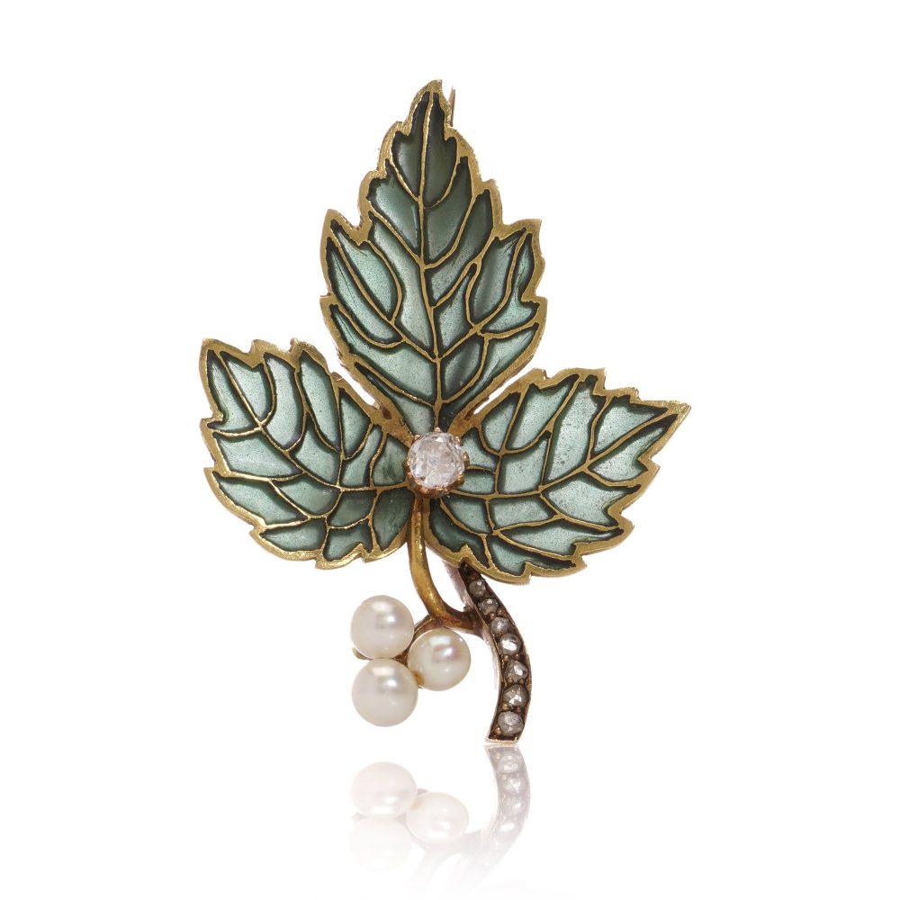 Green plique-a-jour enamel gold leaf brooch with diamonds and pearls.