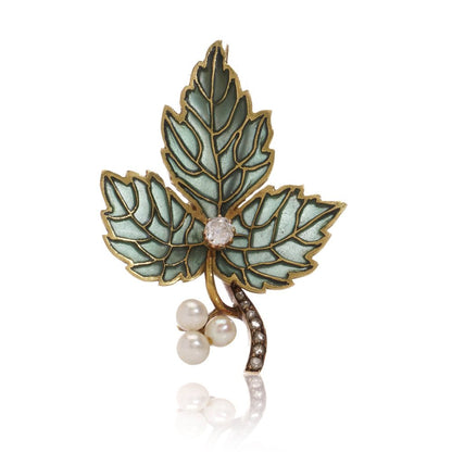 Green plique-a-jour enamel gold leaf brooch with diamonds and pearls.